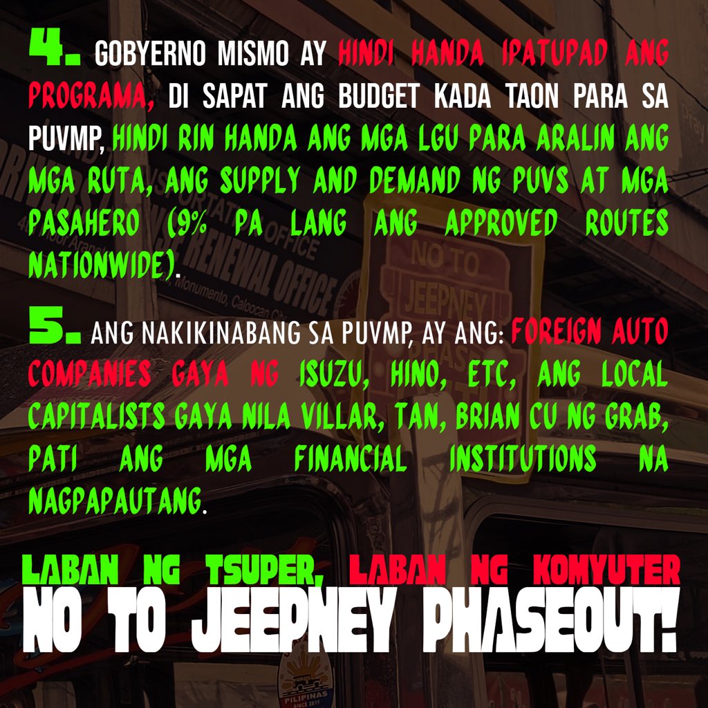 anakbayan_ph's tweet photo. FACTS ABOUT THE TRANSPORT STRIKE!

Ano-ano nga ba ang rason ng mga tsuper at operator kung bakit tinututulan ang PUV Phaseout? 🧐

#NoToPUVPhaseout
#NoToJeepneyPhaseout https://t.co/nsLOeR5ft2