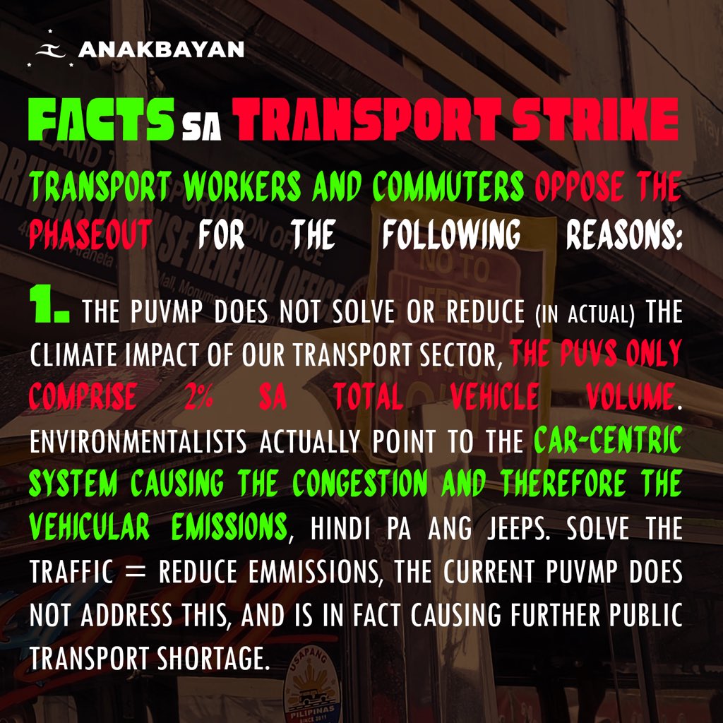 anakbayan_ph's tweet photo. FACTS ABOUT THE TRANSPORT STRIKE!

Ano-ano nga ba ang rason ng mga tsuper at operator kung bakit tinututulan ang PUV Phaseout? 🧐

#NoToPUVPhaseout
#NoToJeepneyPhaseout https://t.co/nsLOeR5ft2