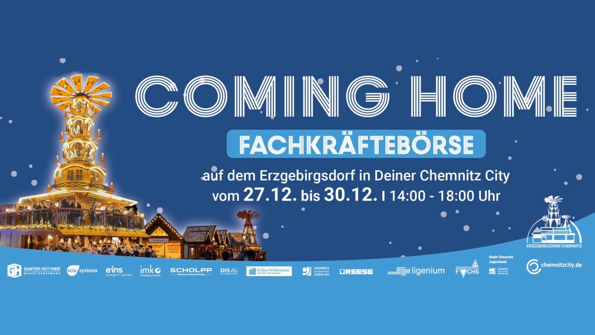 Vom 27. - 30. 12. wird der #Chemnitz|er Weihnachtsmarkt @ Düsseldorfer Platz & Richard-Möbius-Straße fortgeführt. Neben Glühweinständen & kulinarischen Genüssen präsentieren sich unter dem Motto „Coming home“ auch Chemnitzer Unternehmen. Die etwas andere #Fachkräftebörse.