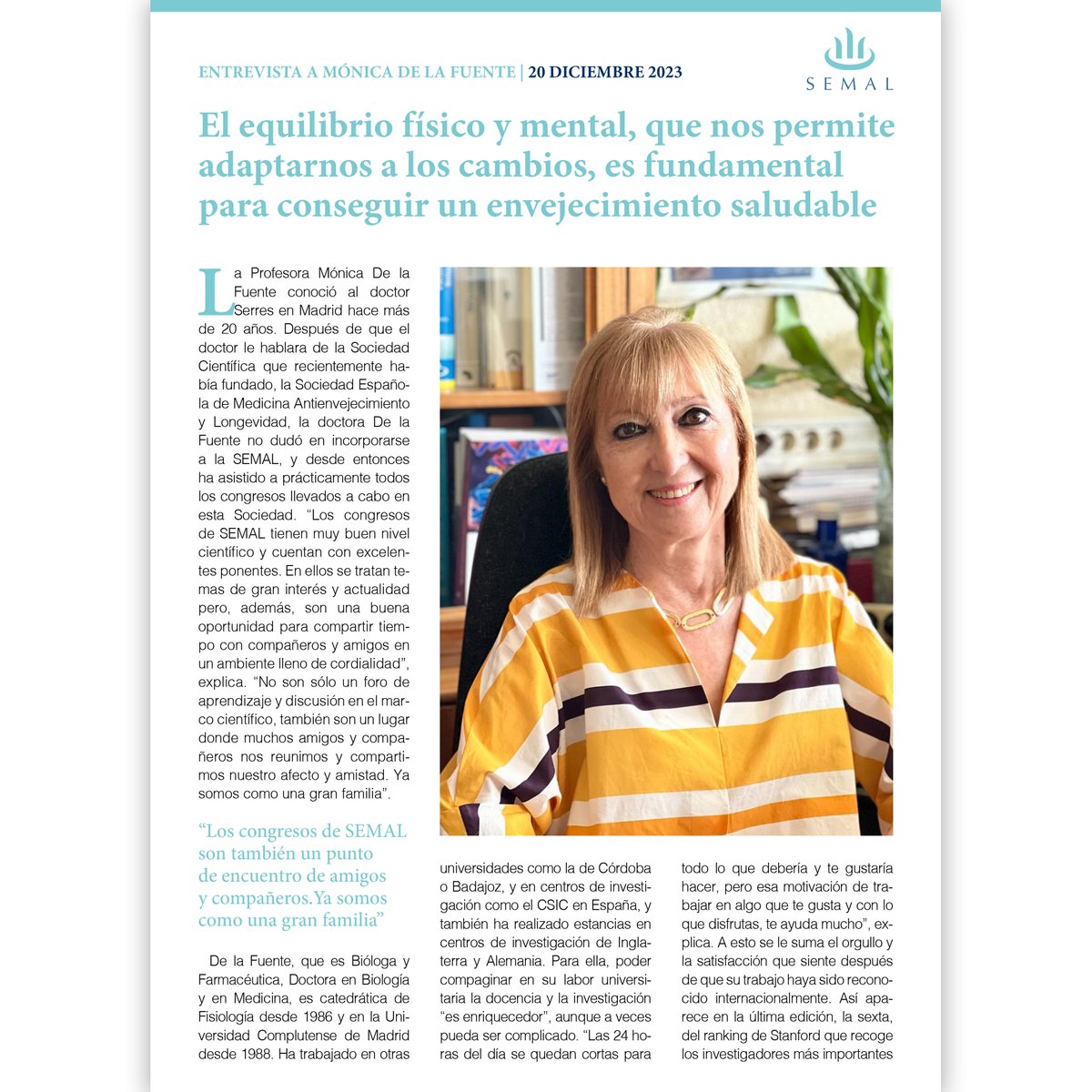 SOCIEDADSEMAL's tweet image. El equilibrio físico y mental es clave para conseguir un envejecimiento saludable, según la investigadora y catedrática Mónica de la Fuente. Os dejamos la entrevista que le hemos realizado recientemente 🗞️ No os la perdáis

#semal #sociedadsemal #antienvejecimiento #antiaging