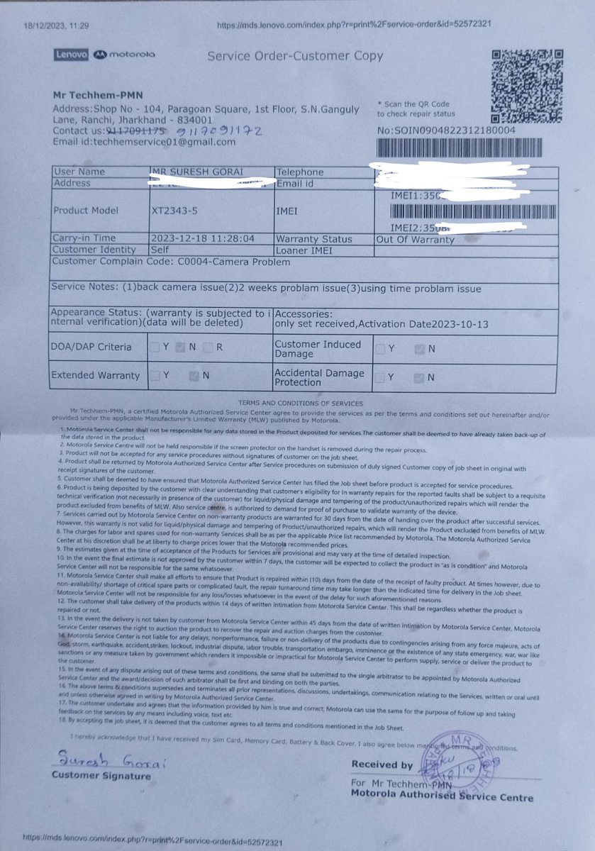 SureshGorai25's tweet photo. So this is how @motorolaindia started playing dirty tactics.
At first they did manufacturing defects, So #MotoG54 5g and #MotoG84 5g user's started facing camera clouding issue in their primary lens. After then when I went to SC, they said my 2 month old device is out of warranty https://t.co/2Ap9afTHiT