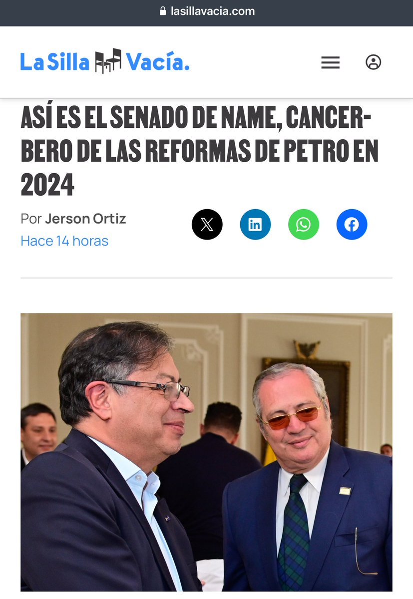🇨🇴ATENCIÓN <a href="/lasillavacia/">La Silla Vacía</a> desenmascara al presidente del Senado, <a href="/IvanNameVasquez/">Iván Name Vásquez Senado</a>. Públicamente defiende la independencia del Congreso, pero tras bambalinas negocia ministerios y cargos a cambio de apoyar las controvertidas reformas de @PetroGustavo. 

lasillavacia.com/silla-nacional…