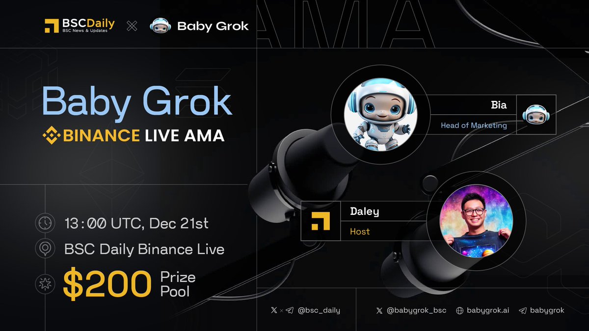 We're excited to host a #BinanceLive AMA with @babygrok_bsc 📍 Watch here: binance.com/en/live/video?… 🗓️ Date: Dec 21st, 13:00 UTC 💵$200 #Giveaways ⬇️ 1⃣ Follow Baby Grok! 2⃣ Ask questions on Binance! 3⃣ Like & RT #Sponsored