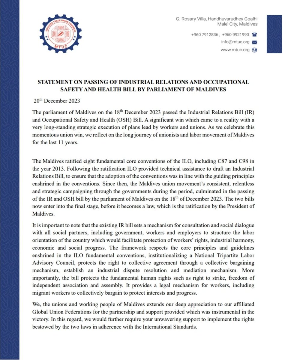 Statement on passing of Industrial Relations & Occupational Safety and Health bill by the Parliament @mvpeoplesmajlis of Maldives. @itucasiapacific @ituc @iufap @iufap @SolidarityCntr @eduintAP @eduint @PSIglobalunion @PSIasiapacific @ILOACTRAV @ILOColombo