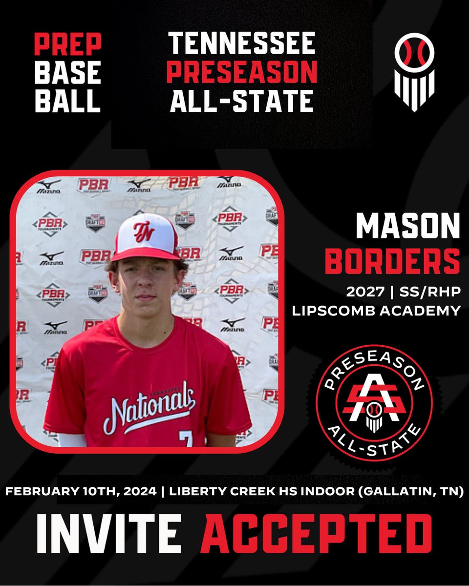 Prep Baseball Tennessee (@prepbaseballtn) on Twitter photo #TNPAS24: ๐๐ง๐ฏ๐ข๐ญ๐ ๐๐๐๐๐ฉ๐ญ๐๐ โ
'27 SS/RHP Mason Borders (<a href="/MasonBorders10/">Mason Borders</a>; <a href="/LAMustangBB/">Lipscomb Academy Baseball</a>) has punched his ๐๏ธ to the TN Preseason All-State that will be held on February 10th at Liberty Creek HS.
๐๐๐ช๐ฎ๐๐ฌ๐ญ ๐๐ง๐ฏ๐ข๐ญ๐ โก๏ธ loom.ly/iIEGBSc #TNPAS24: ๐๐ง๐ฏ๐ข๐ญ๐ ๐๐๐๐๐ฉ๐ญ๐๐ โ
'27 SS/RHP Mason Borders (<a href="/MasonBorders10/">Mason Borders</a>; <a href="/LAMustangBB/">Lipscomb Academy Baseball</a>) has punched his ๐๏ธ to the TN Preseason All-State that will be held on February 10th at Liberty Creek HS.
๐๐๐ช๐ฎ๐๐ฌ๐ญ ๐๐ง๐ฏ๐ข๐ญ๐ โก๏ธ loom.ly/iIEGBSc