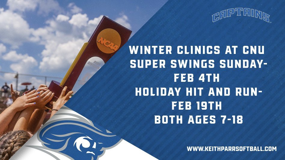 Heads up! These clinics will be open for registration starting Jan 1st! We will also be having a prospect clinic posted soon. Join us for some fun softball at CNU!