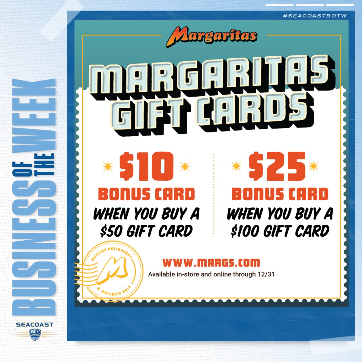 Do you need any last minute gifts? Give the gift of Margaritas @margsmex ! This holiday season, earn a $10 bonus card when you buy $50 or more in gift cards & a $25 bonus card when you buy $100 in gift cards! Visit margs.com/giftcardsto learn more. #SeacoastBOTW #SupportLocal