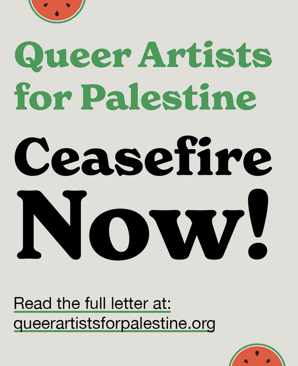 JUST IN. Over 200 Queer artists including @angelicaross @lucydacus @ihatejoelkim @sasha_velour @SheaCoulee penned an open letter demanding a permanent ceasefire, an end to pinkwashing, and a commitment to BDS of Israel. Read and sign-on here: queerartistsforpalestine.org