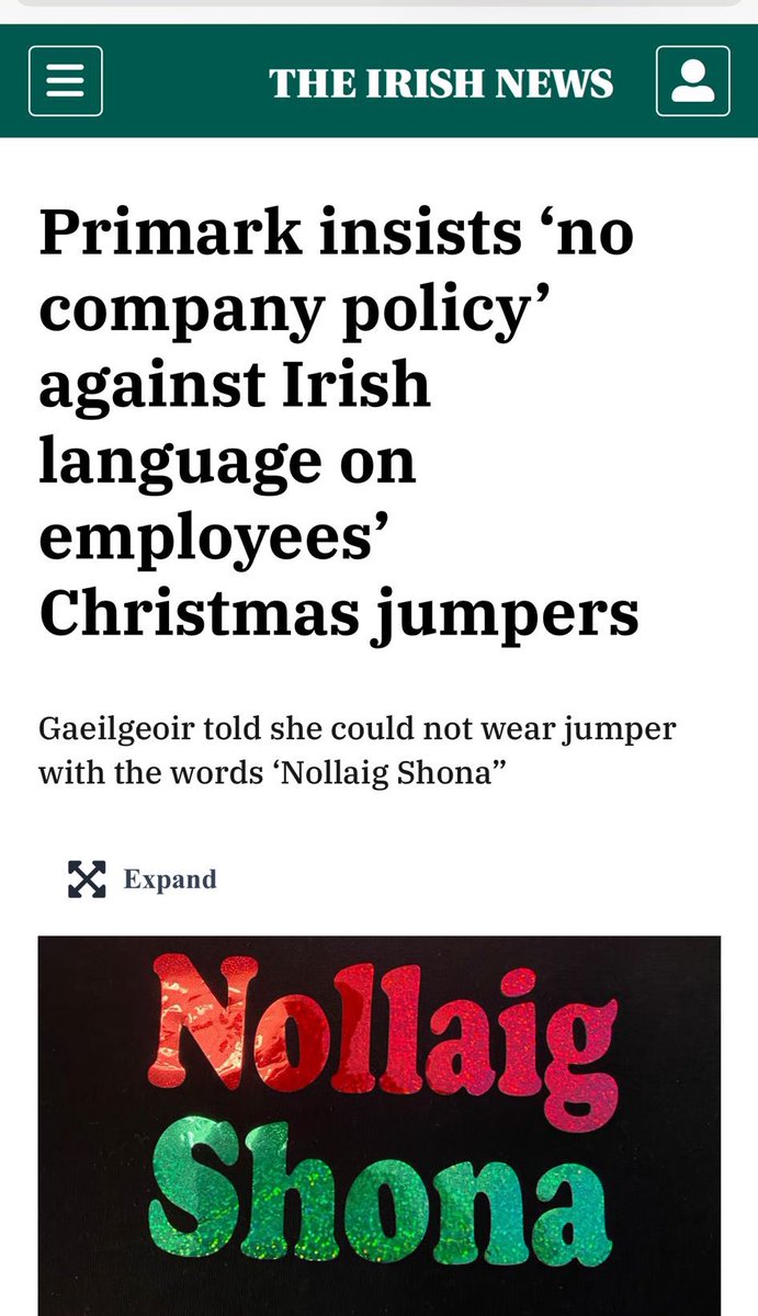 👁️👁️ @Primark Wow! 'Gaeilgeoir told she could not wear jumper with the words 'Nollaig Shona' Tá seo dochreidte. This is really poor from @Primarkjobs🎄 Your southern shops proudly display bilingual signs -& you treat your employees here like this? 📲irishnews.com/news/primark-i…