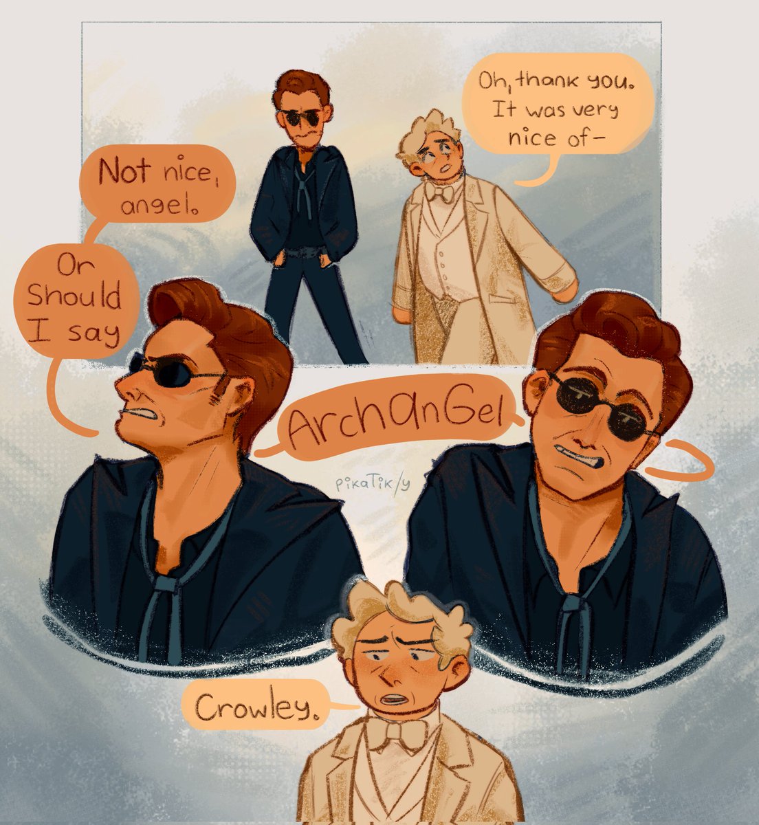 I think it will be funny if they get to argue like that a little, before actually talking everything over :D 

I like the colours :]

---
#GoodOmens #GoodOmens3 #GoodOmensFanArt #ineffablehusbands #Aziracrow