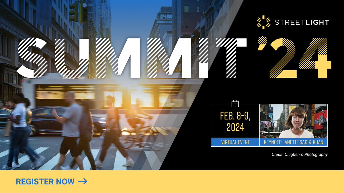 Mark your calendars for StreetLight Summit 2024! This year, the Summit will be open to all, so register here! hopin.com/events/streetl… All attendees will hear from our amazing Keynote speaker, @JSadikKhan, one of the leading voices on urban #transportation policy.