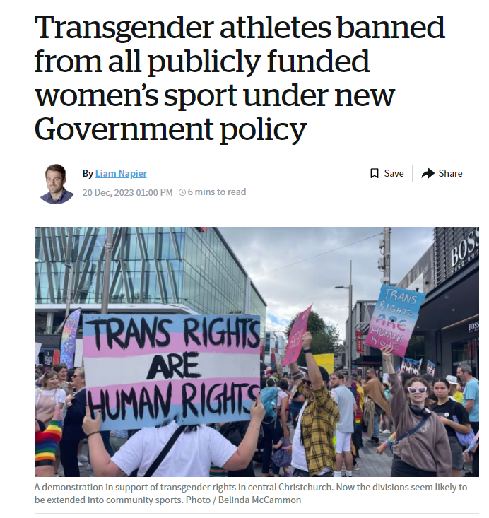 Sad news out of New Zealand. The new government, which is more conservative than previous governments, announced that it will make a priority to ban transgender people from all publicly funded women's sports. A reminder that anti-trans panic is global.