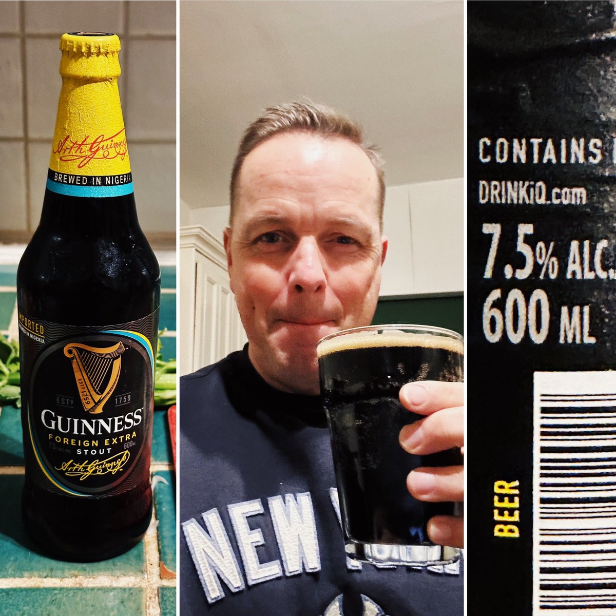 Well… it’s nearly Xmas, another long dark night, I’ve been working hard all day & now in the kitchen cooking Calabrese sausage pasta so surely I’m allowed a little pre-dinner drink of the old Foreign Extra aren’t I? After all I read that Guinness is good for you, so it’s like a…