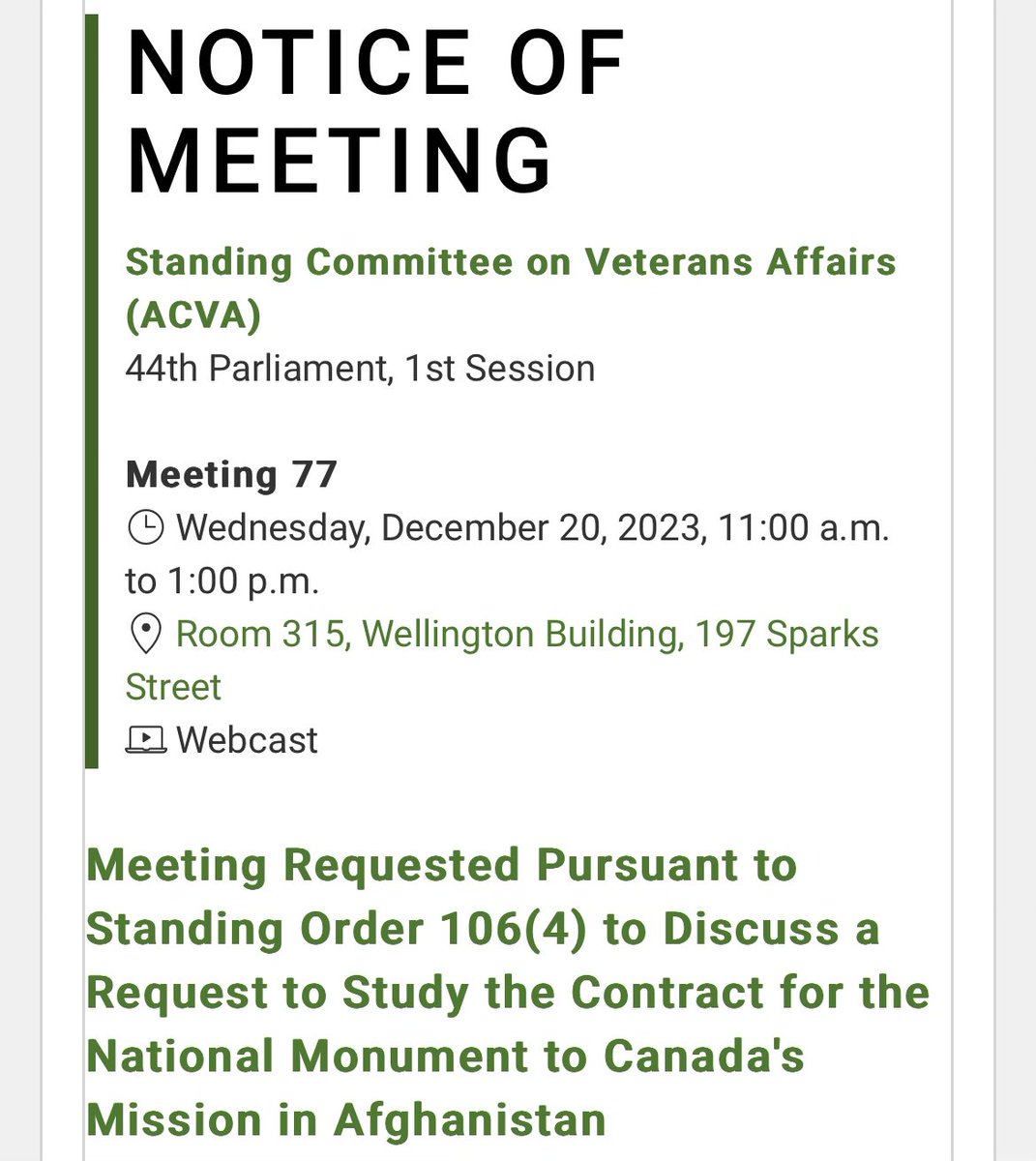 🚨🚨HAPPENING TODAY 🚨🚨 Emergency meeting on political interference by the Liberal Government in the contract for the National Monument to Canada's Mission in Afghanistan. Liberals meddled where they shouldn’t. Trudeau’s latest insult to veterans. Time for answers.