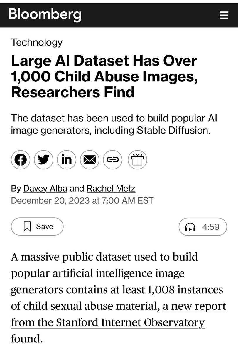 New from me and @rachelmetz: LAION-5B, the world’s largest openly accessible image-text dataset, includes at least 1,008 instances of child sexual abuse material and could include thousands more, per a new report from @stanfordio bloomberg.com/news/articles/…
