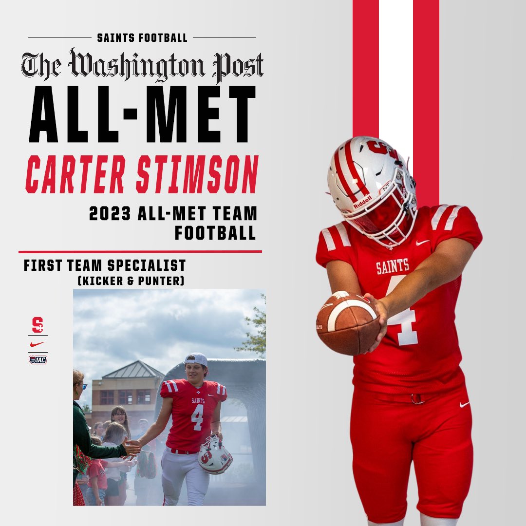 🚨All-Met Honors🚨

Congrats to Carter Stimson on being named to The Washington Post All-Met Football Team: 

First Team Specialist (Kicker &amp; Punting).

#ChooseWork #Workday