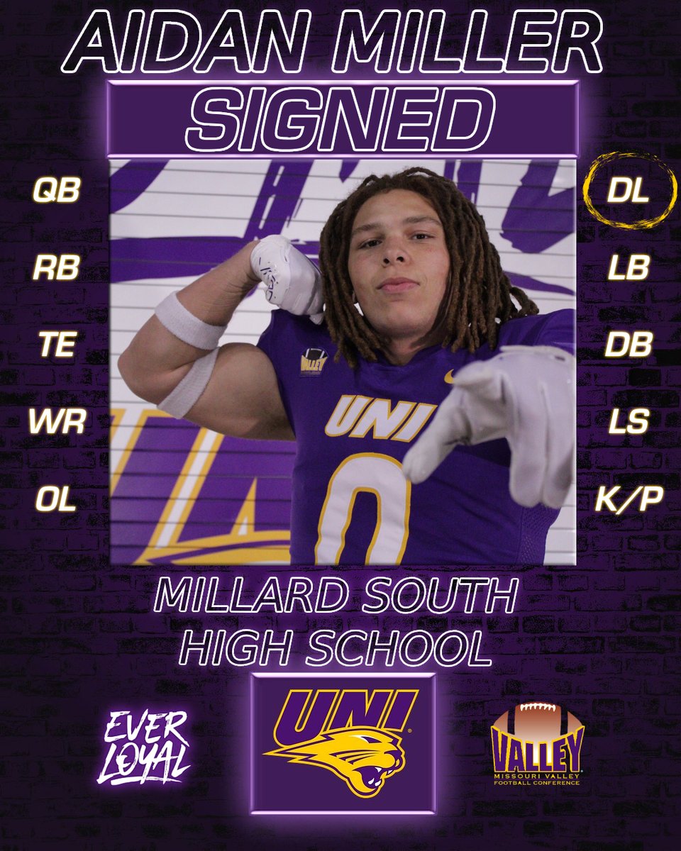 Aidan Miller DL, Millard South High School (NE) Senior Year Accolades - Nebraska Super State 1st Team - 3x All-District Welcome to the family @b1gAidanmill! #EverLoyal #1UNI #Signed