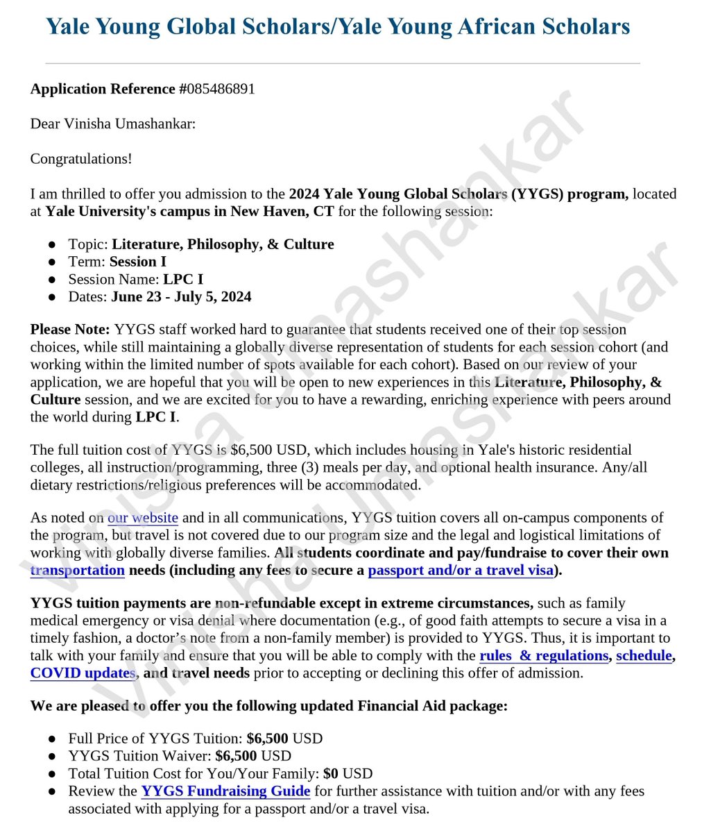 Happy to share that I’ve been accepted into 2024 Yale Young Global Scholars (YYGS) program with a 100% tuition waiver (US$ 6500). I express my gratitude to my parents, faculty, mentors and friends. YYGS is one of the most globally diverse, two-week summer programs in the world.🙂