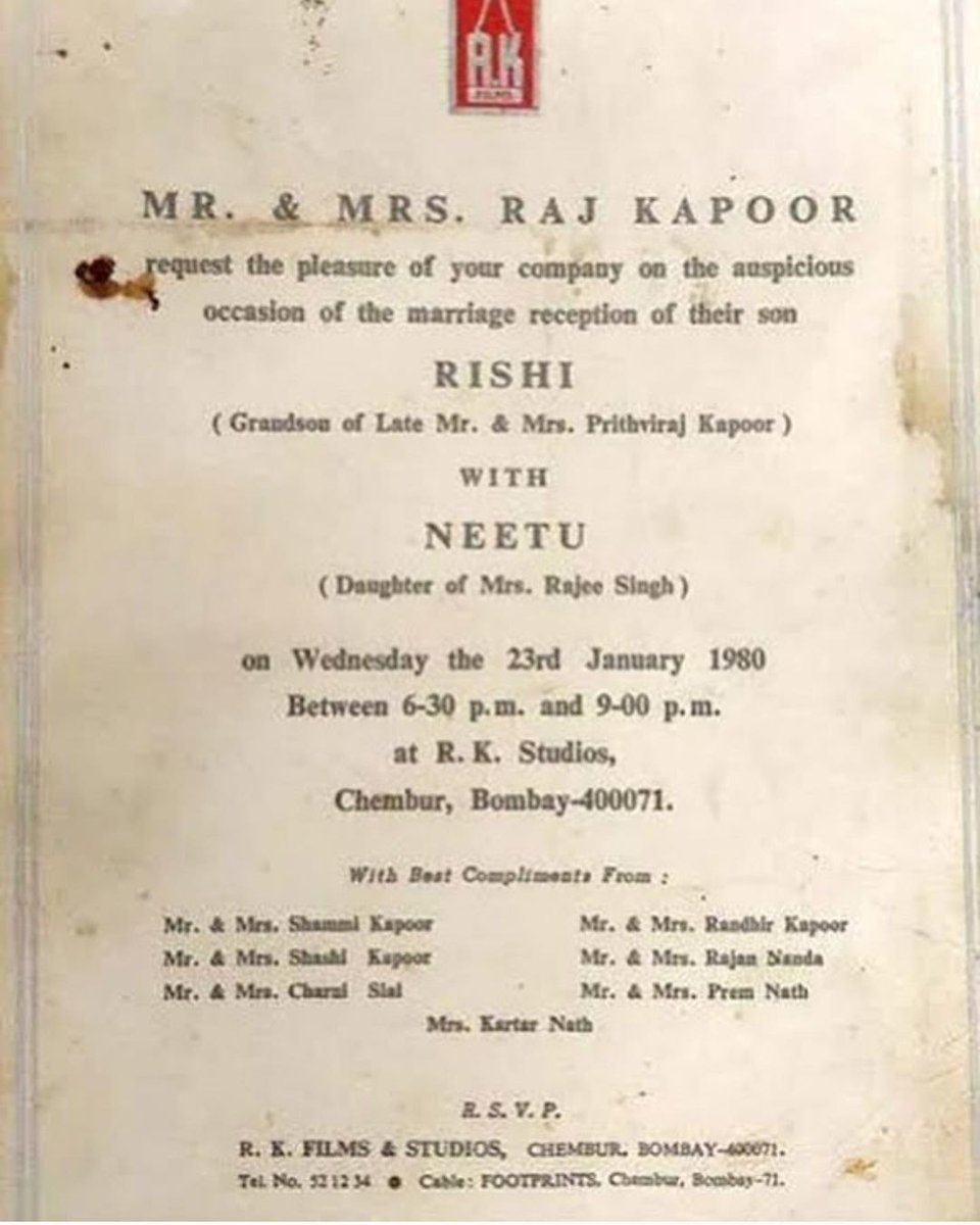 MR. & MRS Kapoor's 43 years old wedding card😍

#neetukapoor #rishikapoor #weddingphotograph #weddingcard #43yearsold #TheFansWorld #TWF