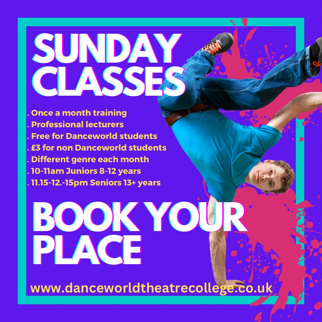 Sunday classes are coming to the studios from January 

Once a month professional training 

Danceworld students free tuition 
Non Danceworld students £3 per person 

Book your place 
Limited spaces 

First date 28th January 

#proffesionaltraining
#bookyourplace
#greatprices
