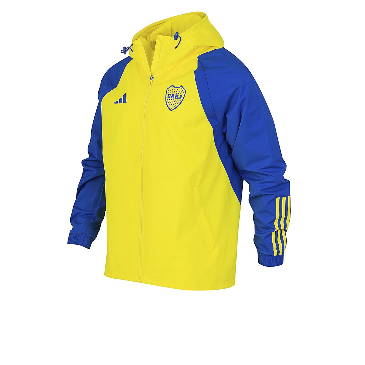 Campera rompeviento Boca 2024 amarilla y azul vista de frente.