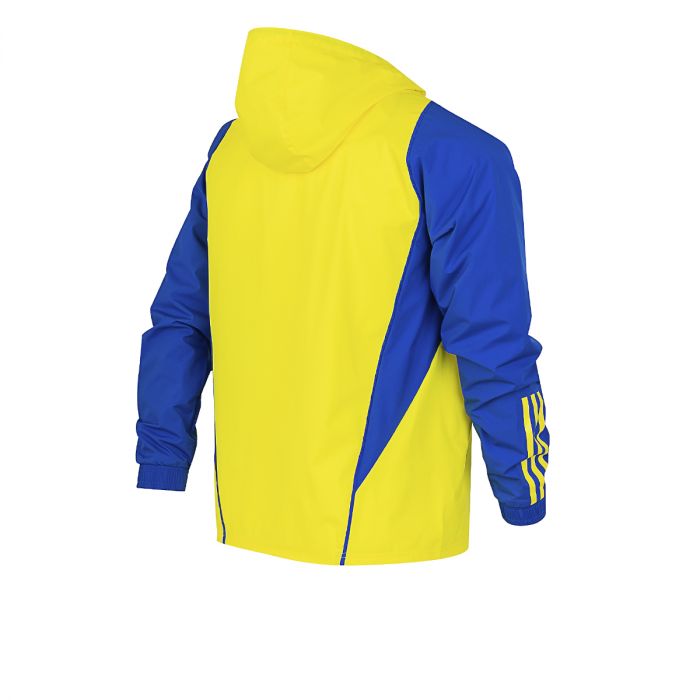 Campera rompeviento Boca 2024 amarilla y azul vista de atrás.
