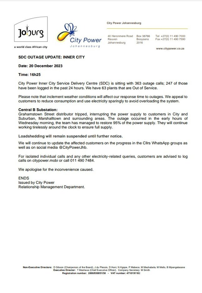 #JoburgUpdates #InnerCitySDC

Today's closing statement, including #CentralBSubstation Marshalltown update. 👇. ^IM
