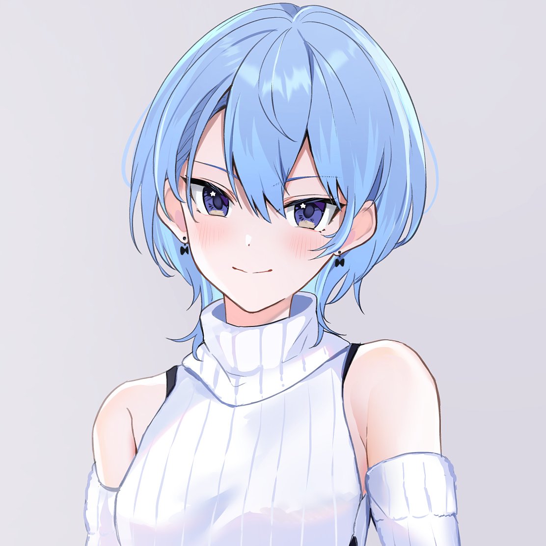 hoshimachi suisei 1girl solo blue hair earrings jewelry sweater smile  illustration images