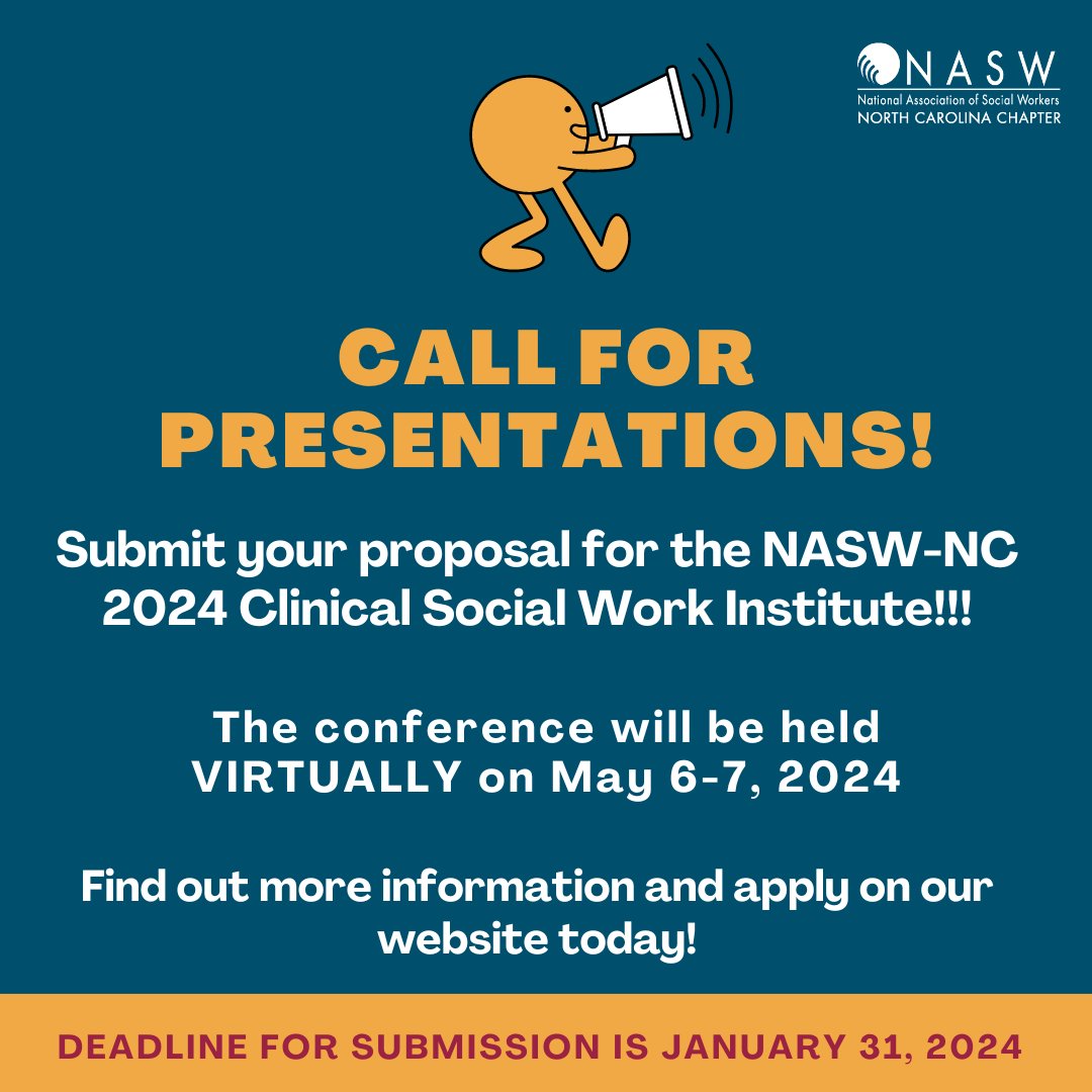 NASW-NC is conducting a call for presentations for the 2024 Virtual Clinical Social Work Institute! Apply on our website today! naswnc.org/general/custom…