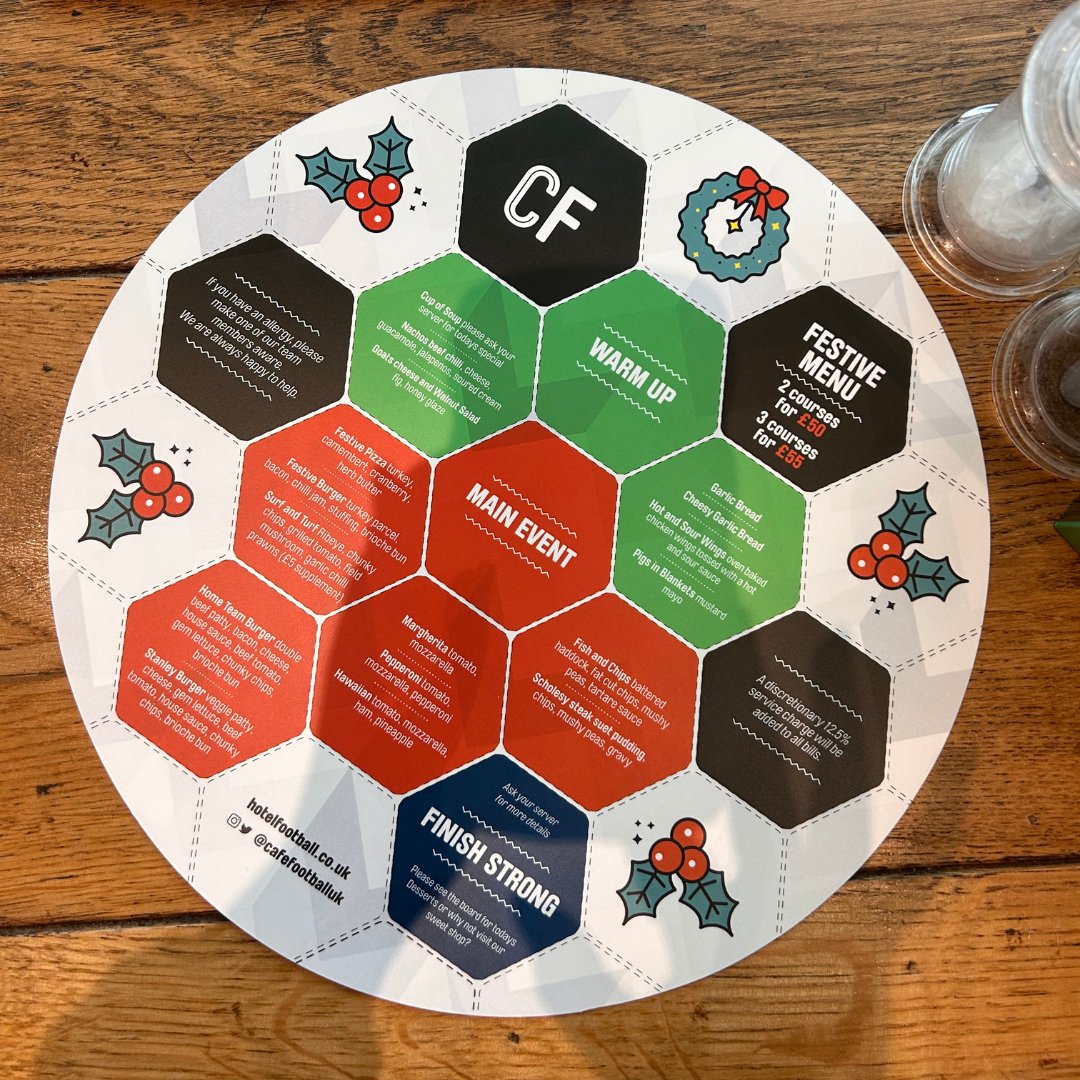 Our new festive menu's are looking dashing, if we do say so ourselves!😉✨ Who is coming to visit us over the Christmas period? Let us know below👇 #christmas #festive #menu #hotelfootball #cafefootball #yum #hungry #food #drink #restaurant #oldtrafford #manchester #uk