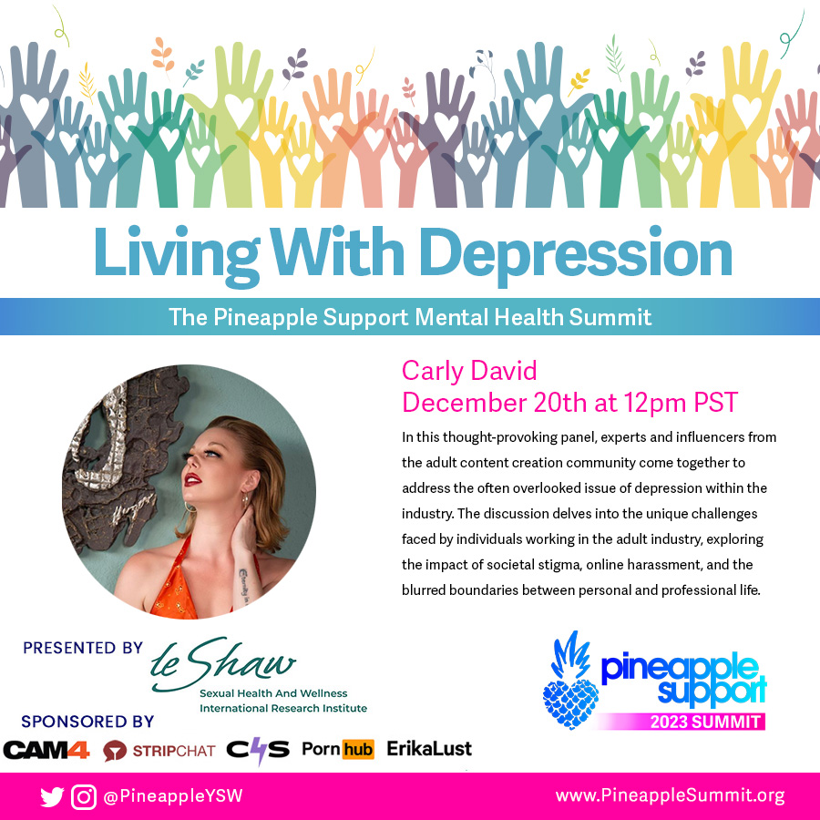 Founder & CEO of @WeArePSGroup, @CarlyDavidPSG will be part our Health Summit panel on Living with Depression today at 12pm PST 💙

Join here: pineapplesummit.org/pineapple-summ…

Sponsored by @Cam4 @stripchat @clips4sale @Pornhub @erikalust
#livingwithdepression