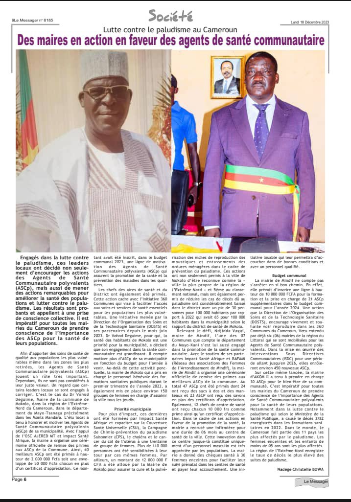 Thanks to the newspaper Le messager for this #CommunityHealth feature! ✨👏🏼 Shout out to the mayors of #Mokolo and #MINDIF in the Far North Cameroon 🇨🇲 for taking a bold step to lead the fight against #Malaria 🦟 and other diseases in their communities by supporting Community…