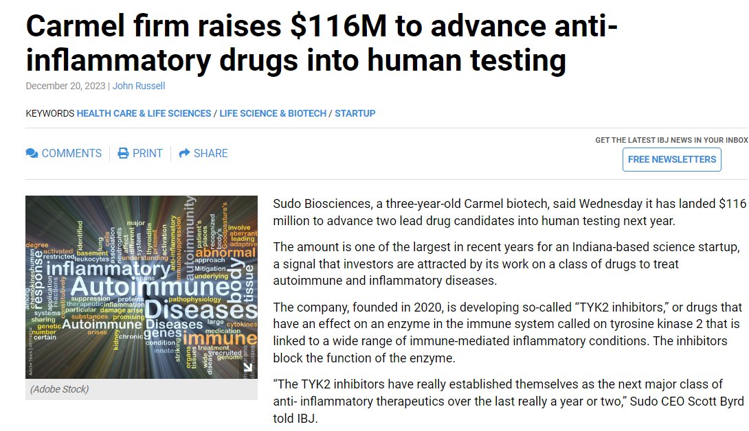 Congratulations to Carmel's Sudo Biosciences on earning $116 million to advance two lead drug candidates into human testing next year. And to @IBJNews' @JohnRussell99 on the scoop. bit.ly/3TyDa4R