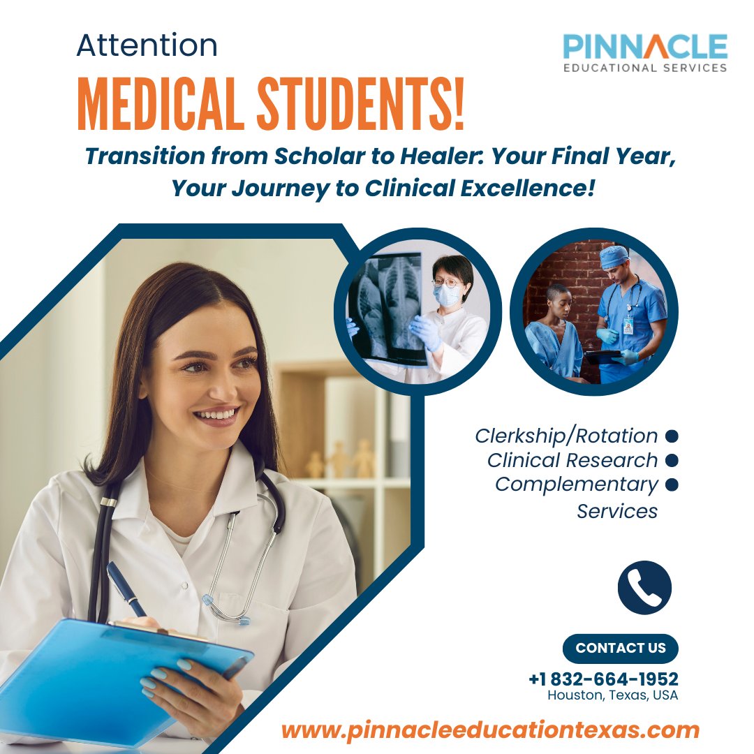 Pinnacle Educational Services (@peshoustontexas) on Twitter photo Embark on an Epic Medical Journey with Pinnacle Educational Services! 🚀
👉For clerkships
👉Observerships
👉Visa assistance
👉Residency
👉Free consultation
Call us:
✅+1 832-664-1952
or write us at:
✅admin@pinnaclees.com
Visit us:
✅pinnacleeducationtexas.com
#Medicalstudents Embark on an Epic Medical Journey with Pinnacle Educational Services! 🚀
👉For clerkships
👉Observerships
👉Visa assistance
👉Residency
👉Free consultation
Call us:
✅+1 832-664-1952
or write us at:
✅admin@pinnaclees.com
Visit us:
✅pinnacleeducationtexas.com
#Medicalstudents