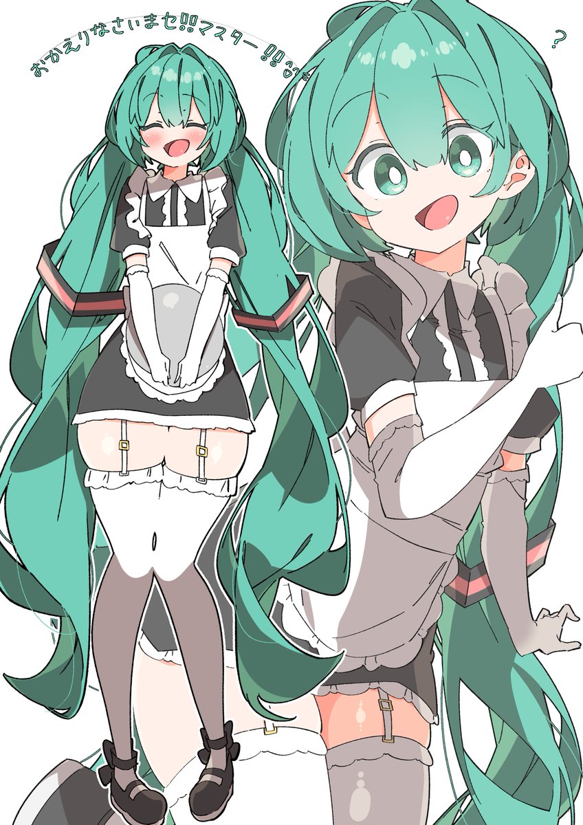 hatsune miku 1girl long hair gloves thighhighs elbow gloves twintails apron  illustration images