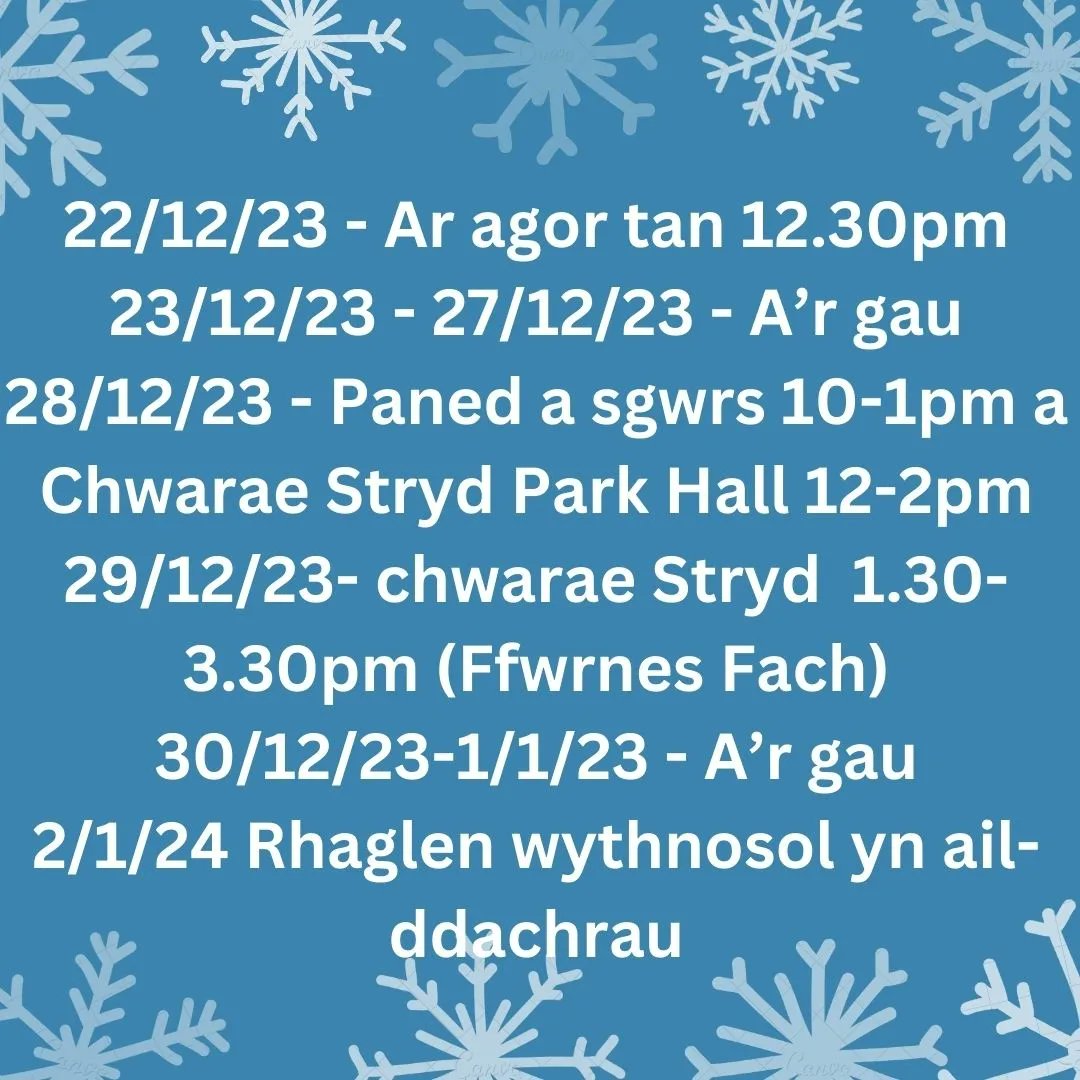 Peoplespeakup1's tweet image. Dyma ei'n amserlen dros adeg y Nadolig a'r Blwyddyn newydd!! Gwyliau hapus pawb!! ❄️

Here is our schedule over Christmas and New Year's. We hope you enjoy and have a lovely break everyone!! ❄️❄️❄️❄️❄️❄️