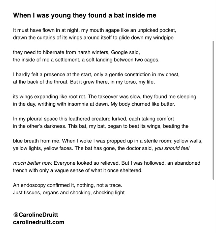 Caroline Druitt (@carolinedruitt) on Twitter photo So pleased for this strange lil poem to have been shortlisted for the Aesthetica Creative Writing Award and to have found a home in their beautiful anthology (amongst epic company) 🦇 <a href="/AestheticaMag/">Aesthetica Magazine</a> So pleased for this strange lil poem to have been shortlisted for the Aesthetica Creative Writing Award and to have found a home in their beautiful anthology (amongst epic company) 🦇 <a href="/AestheticaMag/">Aesthetica Magazine</a>