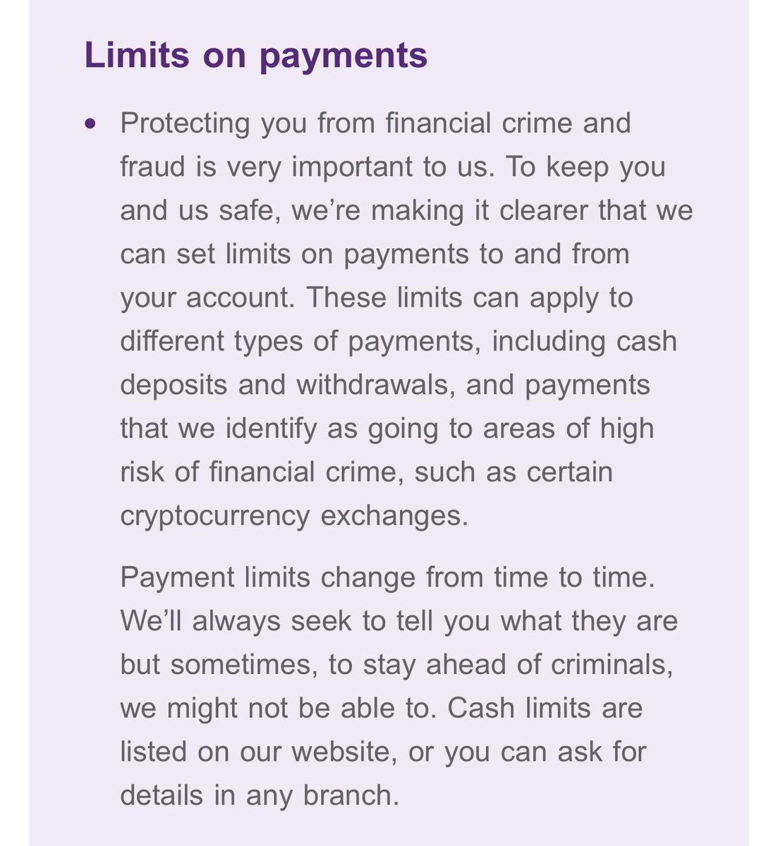 NatWest have just emailed: ‘To keep you & us safe, we’re making it clearer that we can set limits on payments to and from your account. .. We’ll always seek to tell you..but sometimes..we might not be able to.’ Restricting access to my own money does not make me feel safe😡