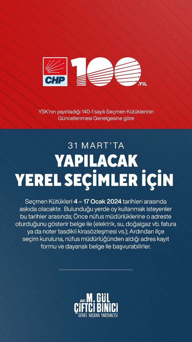 gulciftci's tweet photo. 31 Mart’ta yapılacak Yerel Seçimler için 
Seçmen Kütükleri 4 – 17 Ocak 2024 tarihleri arasında askıda olacaktır. 
Bulunduğu yerde oy kullanmak isteyenler bu tarihler arasında;
Önce nüfus müdürlüklerine o adreste oturduğunu gösterir belge ile (elektrik, su, doğalgaz vb. fatura ya da noter tasdikli kira sözleşmesi vs.);
Ardından ilçe seçim kuruluna, nüfus müdürlüğünden aldığı adres kayıt formu ve dayanak belge ile başvurabilirler.
