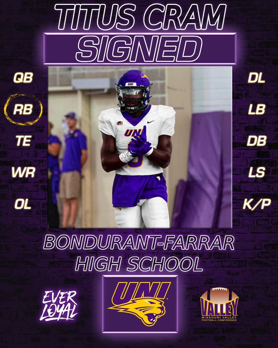 Titus Cram
RB, Bondurant - Farrar High School (IA)

Senior Year Accolades
- IFCA / IPSWA 1st Team All-State
- Des Moines Register 4A All-State

Welcome to the family <a href="/Titus_Cram6/">T6️⃣</a>!    

#EverLoyal #1UNI #Signed