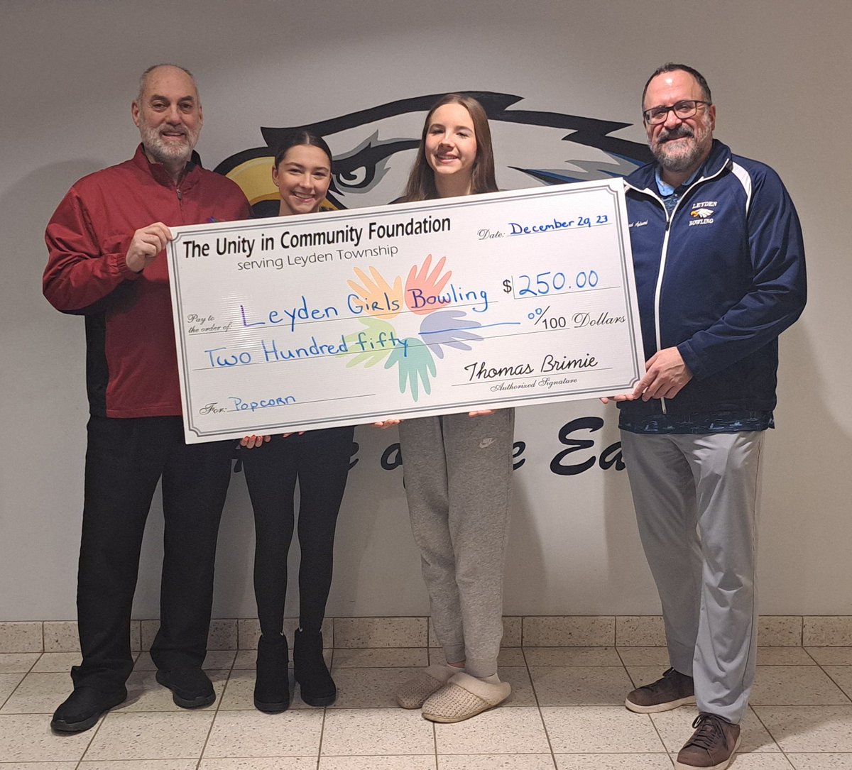 Unity in Community (@unityfdn) on Twitter photo Today we dropped off a check to help out the Leyden Girls Bowling Team w their Popcorn Fundraiser. Pictured are, Tom Brimie from the Unity in Community Foundation, Kaitlyn W. Unity volunteer, Claudia K. member of bowling team & Unity volunteer and Coach Aylward.<a href="/leydenpride212/">Leyden High Schools District 212</a> Today we dropped off a check to help out the Leyden Girls Bowling Team w their Popcorn Fundraiser. Pictured are, Tom Brimie from the Unity in Community Foundation, Kaitlyn W. Unity volunteer, Claudia K. member of bowling team & Unity volunteer and Coach Aylward.<a href="/leydenpride212/">Leyden High Schools District 212</a>