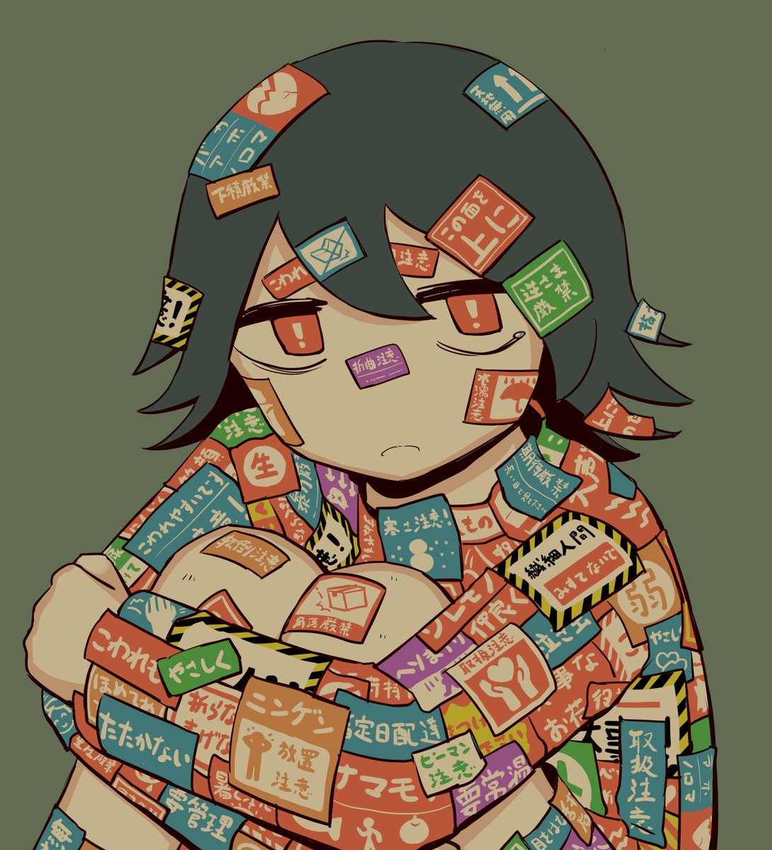 solo 1girl bandaid simple background black hair long sleeves red eyes  illustration images