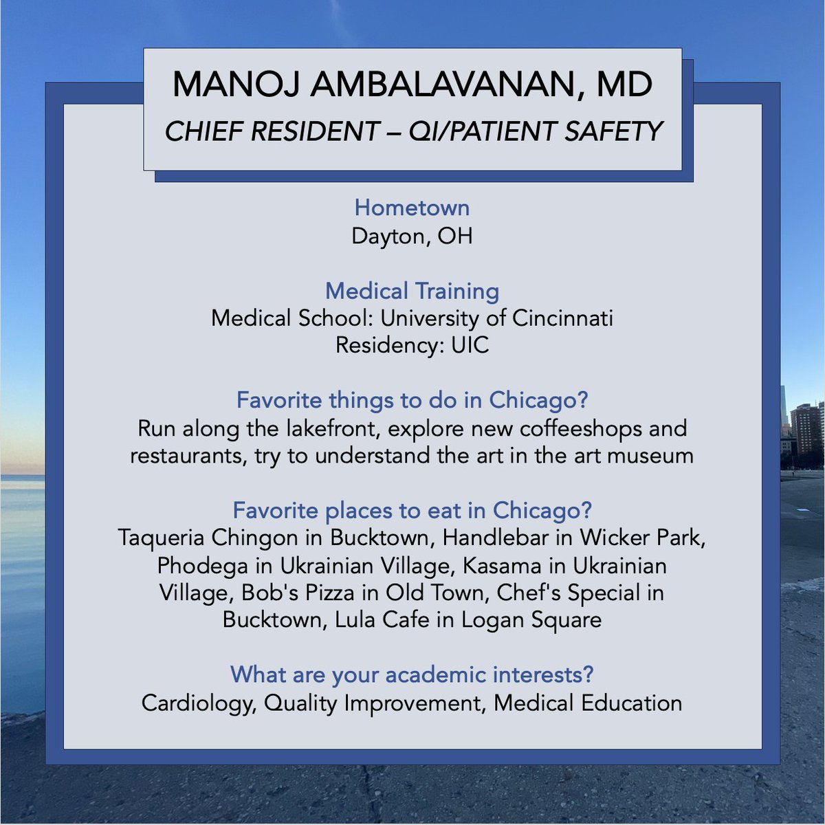 From Dayton, OH, this week’s chief resident spotlight: Manoj Ambalavanan! #GoFlames #UICIM