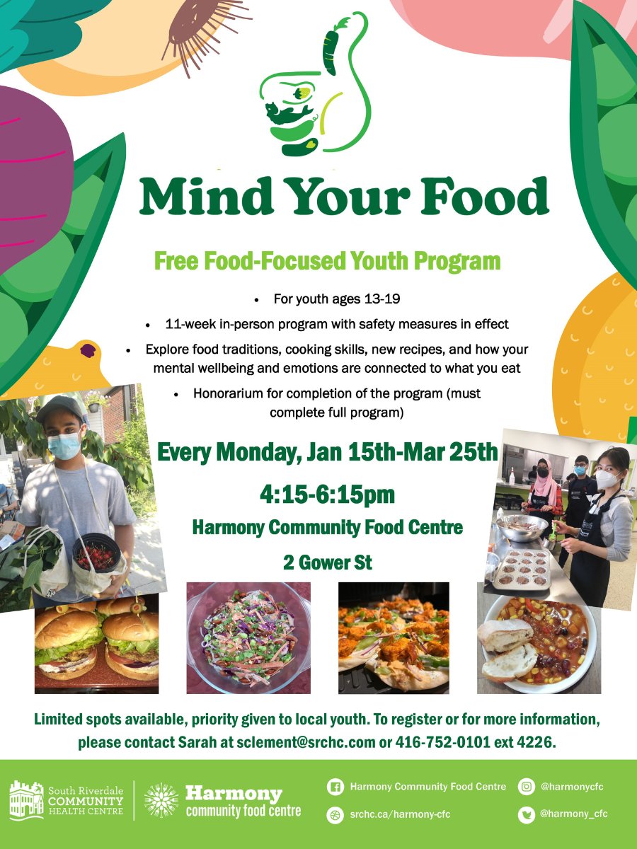 Get excited for the Mind Your Food winter 2023 session! This FREE food-focused program is available for youth aged 13-19 and runs on Mondays from 4:15-6:15pm beginning January 15. Limited spots available. Contact Sarah to register or for more info.