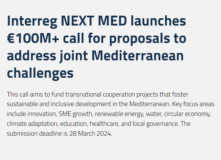 #FundingOpportunities! 💸
📢 Interreg NEXT MED, the largest EU-funded external #cooperation programme in the #Mediterranean, has launched its first call for proposals worth €103.6 million.
Learn more here 👉 interregnextmed.eu/interreg-next-…