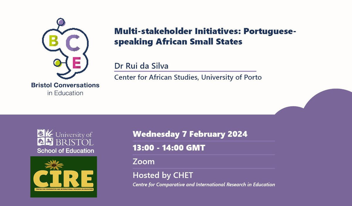 📢BCE - Multi-stakeholder Initiatives in education: an analysis of Portuguese-speaking African Small States. 🗓️ Wed, 7 Feb 2024 13:00 - 14:00 GMT 🎓Dr Rui da Silva (Center for African Studies, University of Porto) 🎫Get your ticket: tinyurl.com/y3vxb889