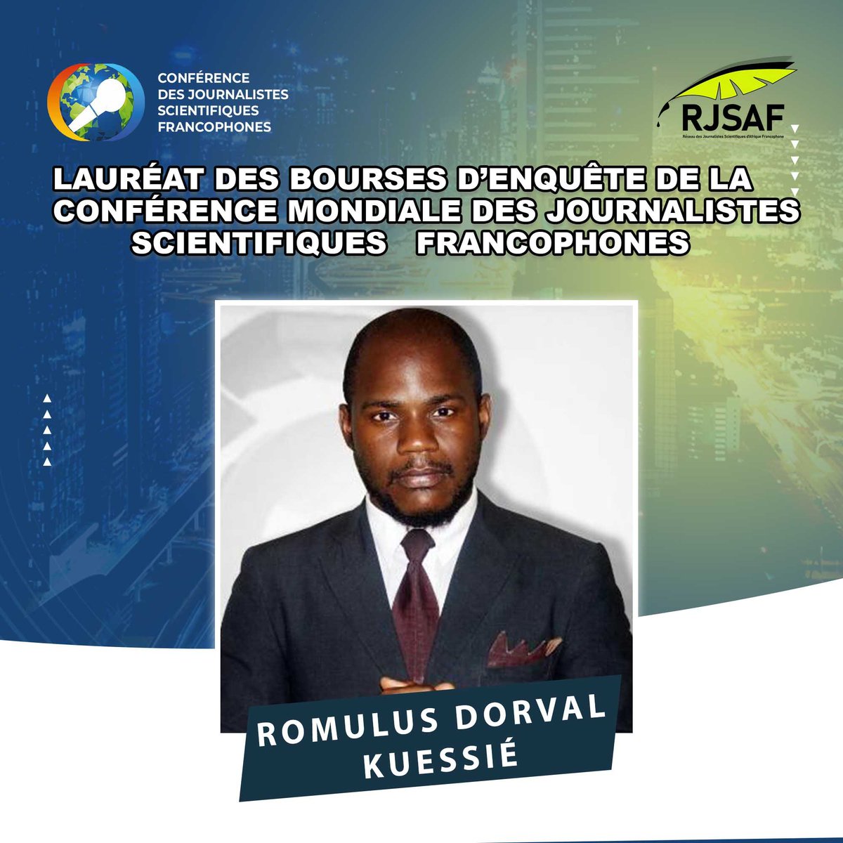 Romulus Dorval Kuessié est un journaliste scientifique bilingue et vérificateur de faits. Producteur d'une émission scientifique sur la radio Kalak FM, il aborde les questions de santé et de dév. durable à l'échelle du continent. Il est l'un des lauréats de la bourse du RJSAF.