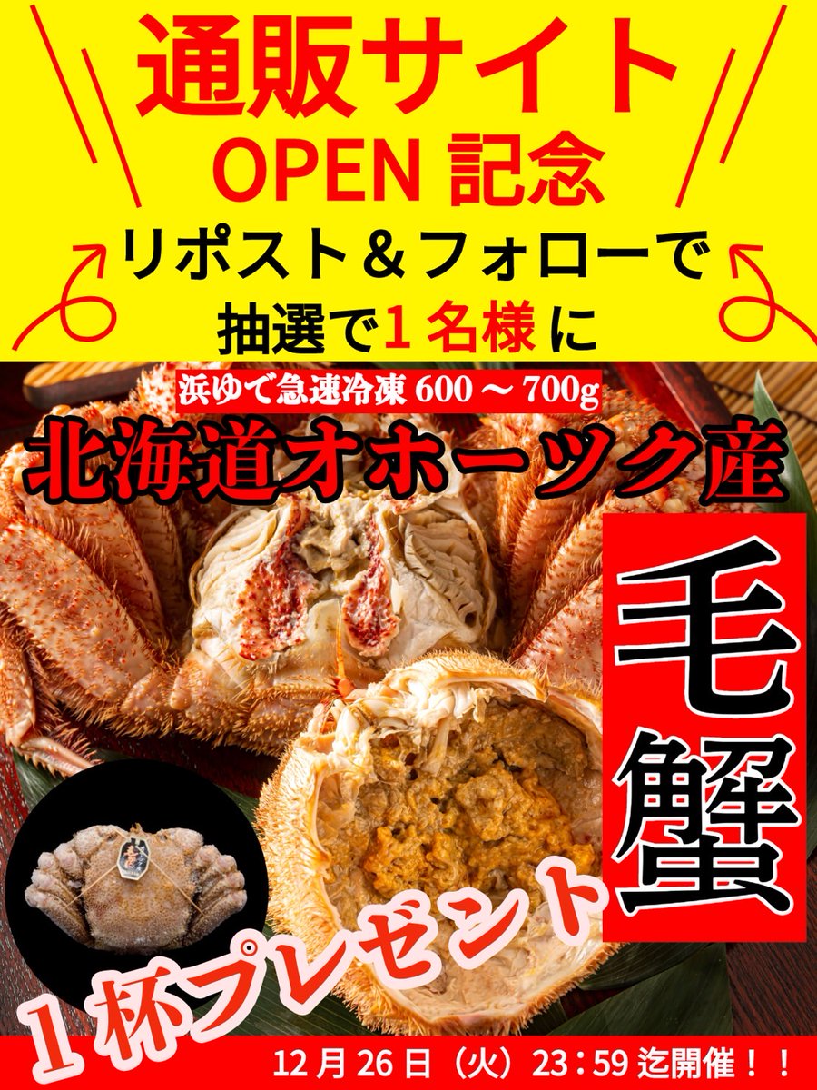 matsumotobussan's tweet photo. \\札幌まつもと物産通販サイト//　
　\\OPEN記念CP//

オホーツク産浜ゆで毛ガニ
一杯プレゼント✨🎁

➡️フォロー&amp;この投稿をリポスト
➡️抽選で1名様に！
➡️12/26 23:59〆切

お取り寄せはこちらから
https://t.co/eAiJI3hb4t

#キャンペーン
#プレゼント
#北海道グルメ
#カニ
#懸賞
ツリーご覧下さい https://t.co/AdGqXcyDlS