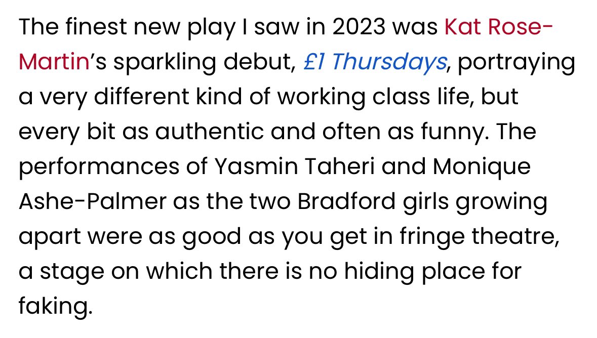 I have no words other than ABSOLUTELY FUCKING BUZZING OFF MY TITS. 
<a href="/BroadwayWorld/">BroadwayWorld</a>

‘Finest new play’ in Best of 2023. £1 Thursdays! 

Thanks so much <a href="/garynaylor85/">Gary Naylor 85</a> 

<a href="/finborough/">Finborough Theatre</a> <a href="/1PoundThursdays/">£1 Thursdays</a>