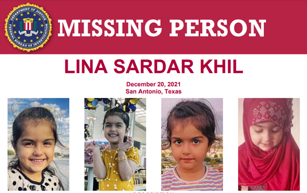 Lina Sardar Khil was last seen on the afternoon of Dec 20, 2021, at a playground at an apartment complex in San Antonio, TX, wearing a black jacket, a red dress, and black shoes. Help the #FBI find her: fbi.gov/wanted/kidnap/…